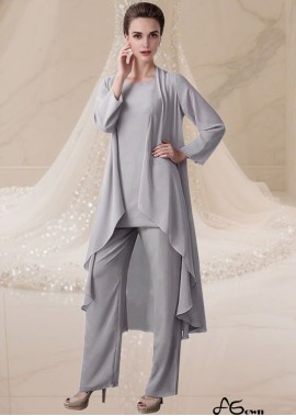 Elegant Gray Three-Piece Chiffon Mother of the Bride Pantsuit – Full Length with Jacket
