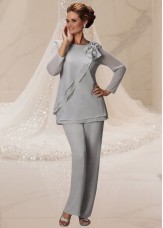 Elegant Gray Chiffon Two-Piece Mother of the Bride Pantsuit – Jewel Neck Illusion Full-Length Set