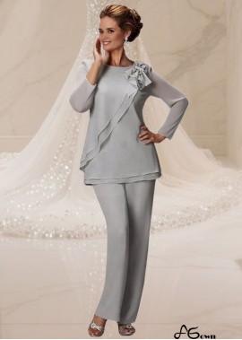 Elegant Gray Chiffon Two-Piece Mother of the Bride Pantsuit – Jewel Neck Illusion Full-Length Set