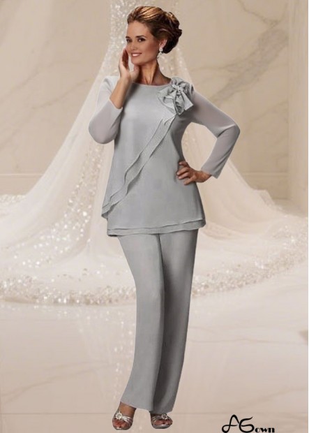 Elegant Gray Chiffon Two-Piece Mother of the Bride Pantsuit – Jewel Neck Illusion Full-Length Set