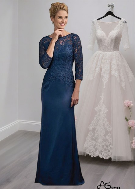 Elegant Blue Lace Satin Chiffon Mother of the Bride Dress with Jewel Neckline