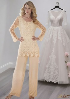Scoop Neck Chiffon Lace Pantsuit with Illusion Sleeves for Mother of the Bride