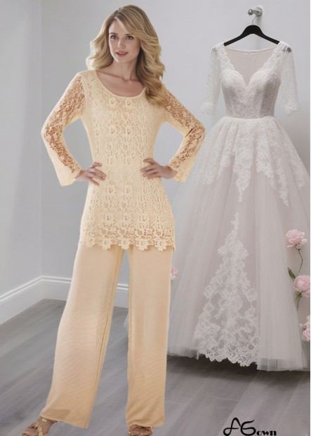 Elegant Scoop Neck Chiffon Lace Pantsuit with Illusion Sleeves for Mother of the Bride