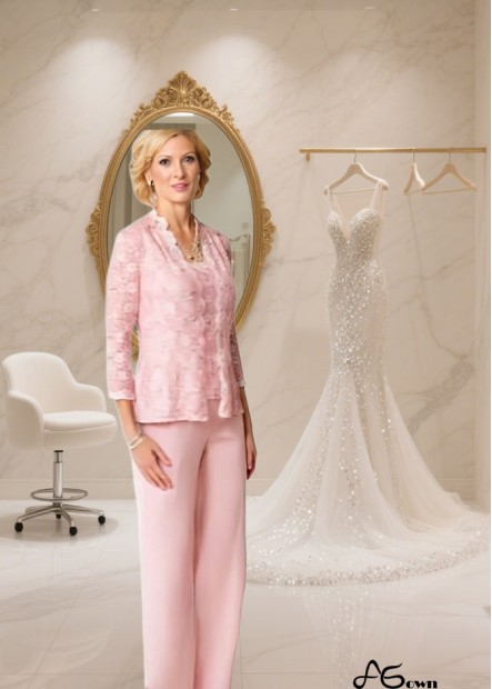 Pink Lace Mother of the Bride 3-Piece Pantsuit – Scoop Neck Wedding Outfit
