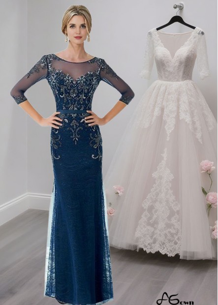 Blue Tulle Satin Mother of the Bride Dress – Scoop Neck Evening Gown Sheath