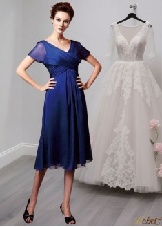 Royal Blue Chiffon Mother of the Bride Dress With Short Sleeves