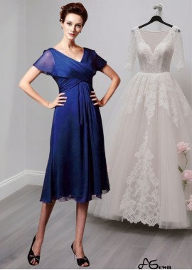 Royal Blue Chiffon Mother of the Bride Dress With Short Sleeves