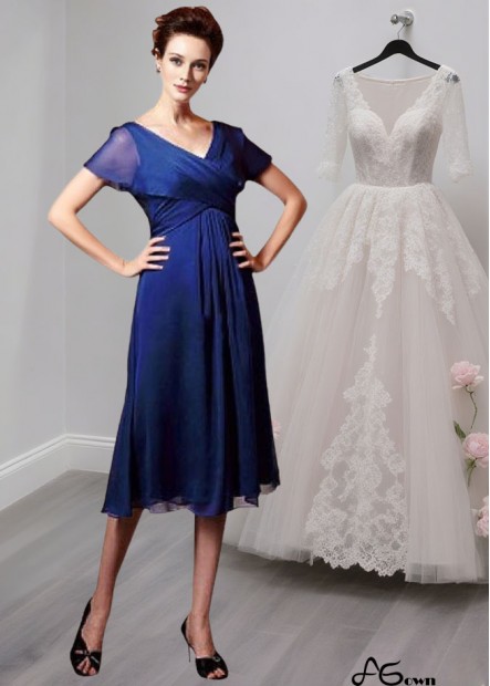 Royal Blue Chiffon Mother of the Bride Dress With Short Sleeves