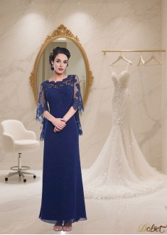 Ankle Length Tulle Chiffon Mother of the Bride Dress with Bateau Neck and Short Sleeves
