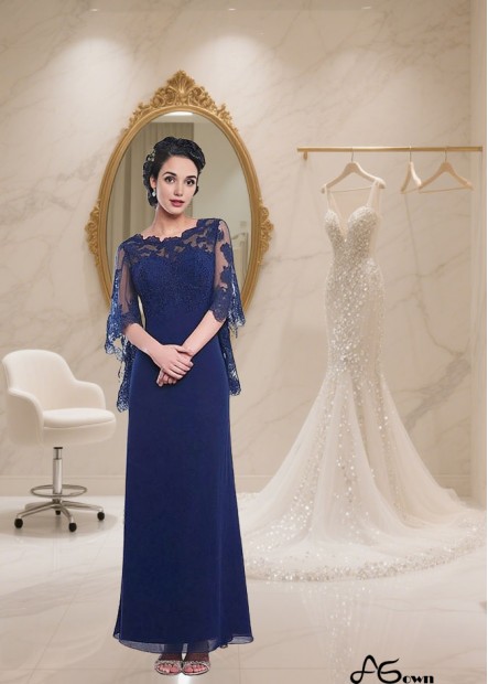 Ankle Length Tulle Chiffon Mother of the Bride Dress with Bateau Neck and Illusion Sleeves