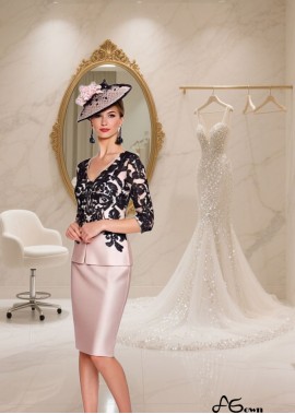  V-Neck Knee-Length Mother of the Bride Tulle Satin Outfit - Sheath Column Dress
