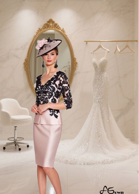  V-Neck Knee-Length Mother of the Bride Tulle Satin Outfit - Sheath Column Dress