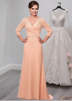 Elegant Prom Chiffon V-Neck A-Line Mother of the Bride Dress with Illusion Sleeves