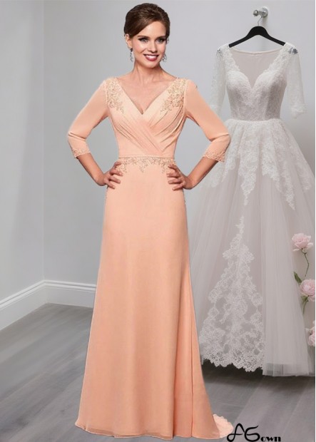 Elegant Full-Length Chiffon V-Neck A-Line Mother of the Bride Dress with Illusion Sleeves