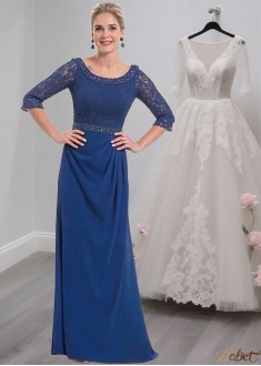 Blue Lace Chiffon A-Line Full-Length Mother of the Bride Dress with Illusion Sleeves