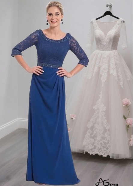 Blue Lace Chiffon A-Line Full-Length Mother of the Bride Dress with Illusion Sleeves