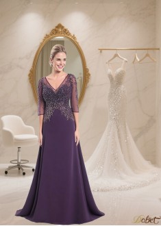 Purple V-Neck A-Line Mother of the Bride Dress with Illusion Sleeves in Tulle & Chiffon