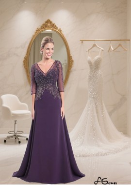 Purple V-Neck A-Line Mother of the Bride Dress with Illusion Sleeves in Tulle & Chiffon