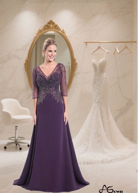 Purple V-Neck A-Line Mother of the Bride Dress with Illusion Sleeves in Tulle & Chiffon