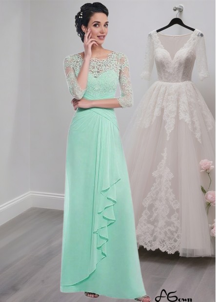 Elegant Full-Length Tulle Chiffon A-Line Dress with Scoop Neck and Illusion Sleeves