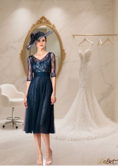 Tea-Length Tulle Lace V-Neck Illusion Sleeve Mother of the Bride Dress - Wedding Guest Gown