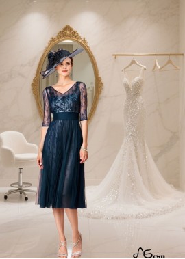 Tea-Length Tulle Lace V-Neck Illusion Sleeve Mother of the Bride Dress - Wedding Guest Gown