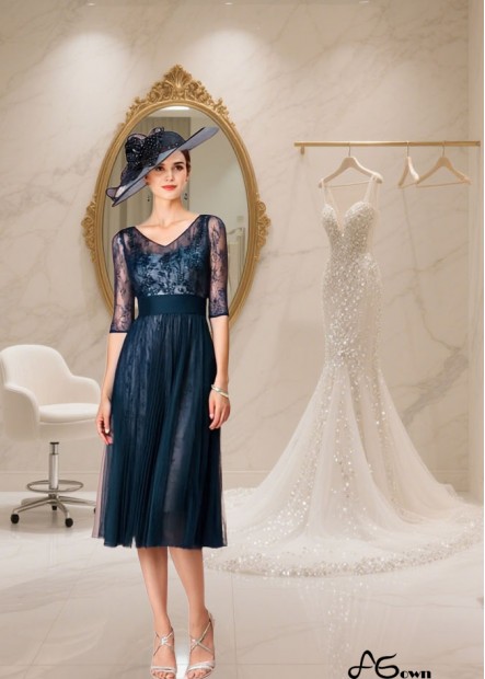 Tea-Length Tulle Lace V-Neck Illusion Sleeve Mother of the Bride Dress - Wedding Guest Gown