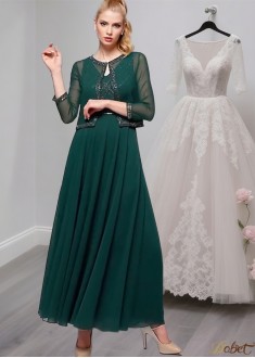 Elegant Green Chiffon Mother of the Bride Dress with Jacket – A-Line V-Neck Ankle-Length Gown