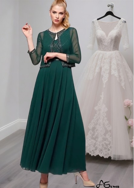 Elegant Green Chiffon Mother of the Bride Dress with Jacket – A-Line V-Neck Ankle-Length Gown