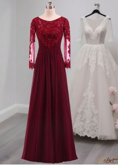 Red Tulle A-Line Evening Dresses with Scoop Neck and Illusion Sleeves