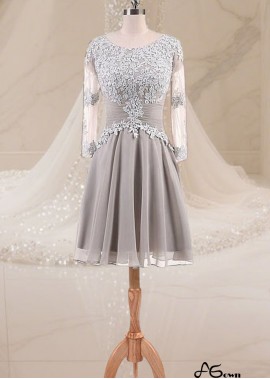 Elegant Short Gray Tulle Chiffon A-Line Mother of the Bride Dress with Scoop Neck