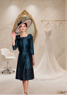 Square Neck Satin Tea-Length A-Line Mother of the Bride Dress with Coat Jacket Sleeve