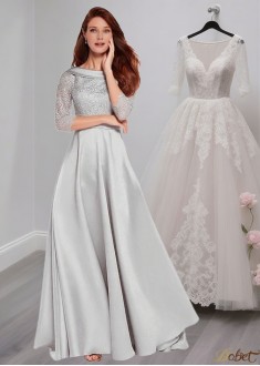 Lace Satin A-Line Mother of the Bride Dress with Bateau Neckline and Illusion Sleeves