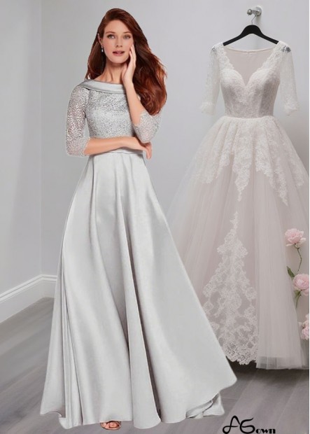Lace Satin A-Line Mother of the Bride Dress with Bateau Neckline and Illusion Sleeves