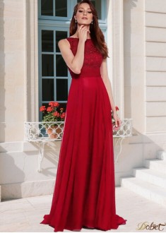 Elegant Red Chiffon Bateau Neck A-Line Mother of the Bride Dress – Full Length