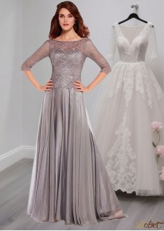 Elegant Lace & Silk Chiffon A-Line Mother of the Bride Dress with Bateau Neck and Illusion Sleeves
