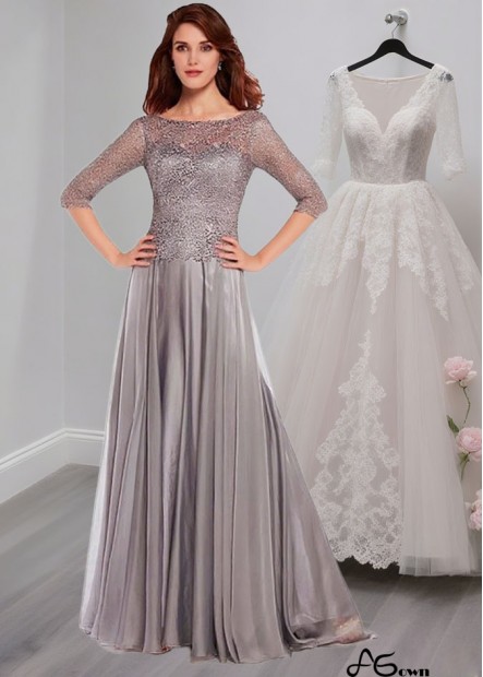 Elegant Lace & Silk Chiffon A-Line Mother of the Bride Dress with Bateau Neck and Illusion Sleeves