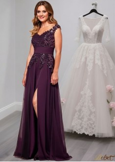 Purple V-Neck Chiffon Mother of the Bride Dress – Evening Gown with Cap Sleeves
