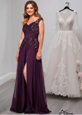 Purple V-Neck Tulle Chiffon Mother of the Bride Dress – Full Length A-Line Gown with Cap Sleeves