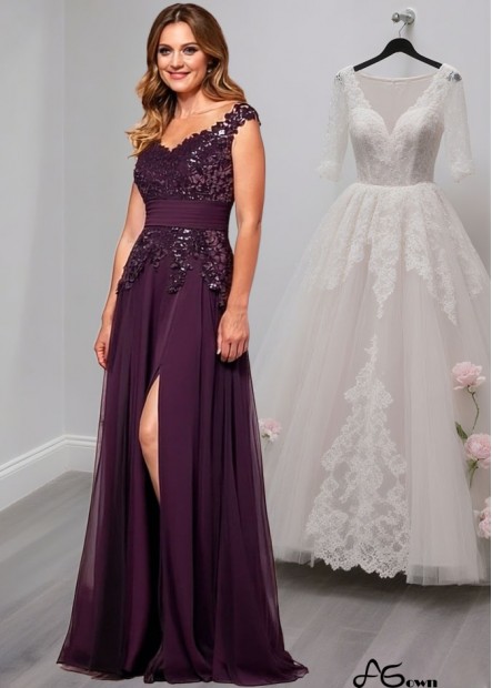 Purple V-Neck Tulle Chiffon Mother of the Bride Dress – Full Length A-Line Gown with Cap Sleeves