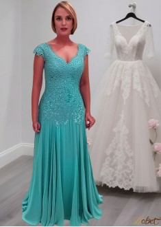 Blue V-Neck Mother of the Bride Dress with Cap Sleeves – Long Formal Gowns