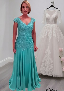 Elegant Blue V-Neck Tulle Chiffon Mother of the Bride Dress with Cap Sleeves – Full Length Column Gown