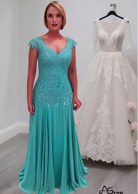 Elegant Blue V-Neck Tulle Chiffon Mother of the Bride Dress with Cap Sleeves – Full Length Column Gown