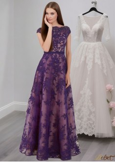 Purple Lace Tulle A-Line Mother of the Bride Dress with Bateau Neckline