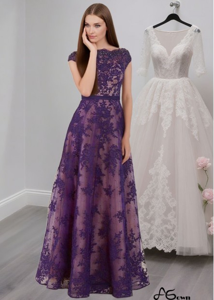Purple Lace Tulle A-Line Mother of the Bride Dress with Bateau Neckline