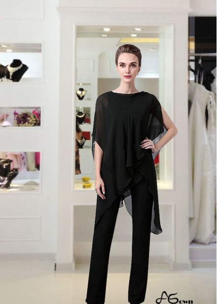 Elegant Black Chiffon Bateau Neck Mother of the Bride Pantsuit