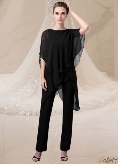 Elegant Black Chiffon Bateau Neck Mother of the Bride Pantsuit