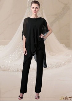 Elegant Black Chiffon Bateau Neck Mother of the Bride Pantsuit