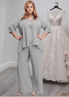 Silver Lace Chiffon Mother of the Bride Pantsuit with Coat Jacket Sleeves