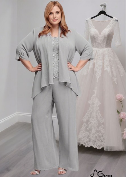 Silver Lace Chiffon Mother of the Bride Pantsuit with Coat Jacket Sleeves